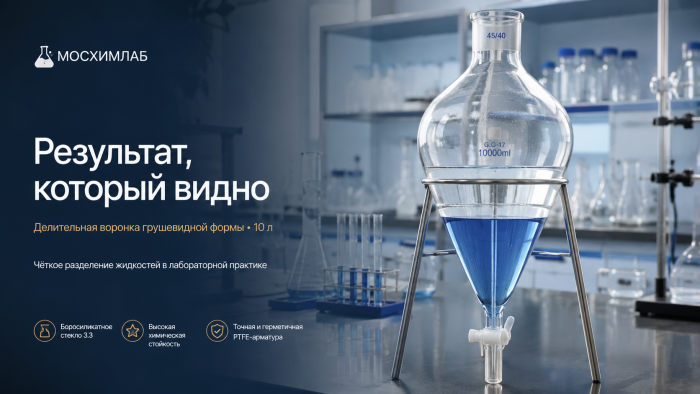 Делительная воронка грушевидной формы со штативом, с краном из ПТФЭ, горловина 45/40, 10 л