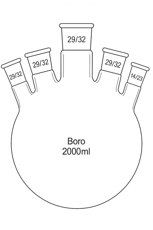 Колба круглодонная пятигорлая, 2 л, стекло BORO 3.3, шлифы 29/32 и 14/23